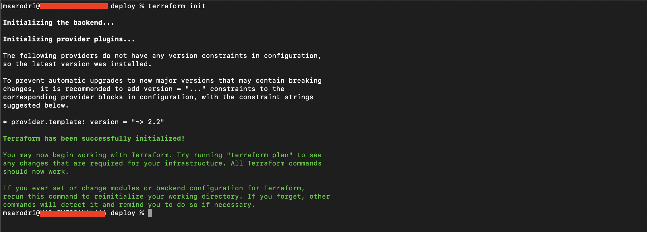 Screenshot showing terraform init being run