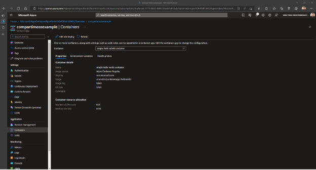 Configuración contenedores de la instancia Container Apps en el portal de Azure